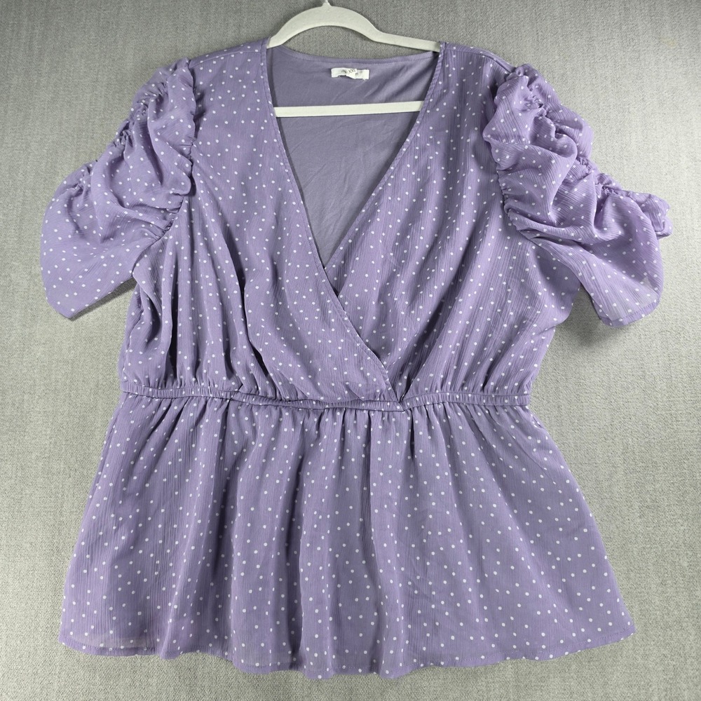 Maurices Blouse Women XXL Purple Polka Dot Ruched Sleeve Peplum Wrap Top